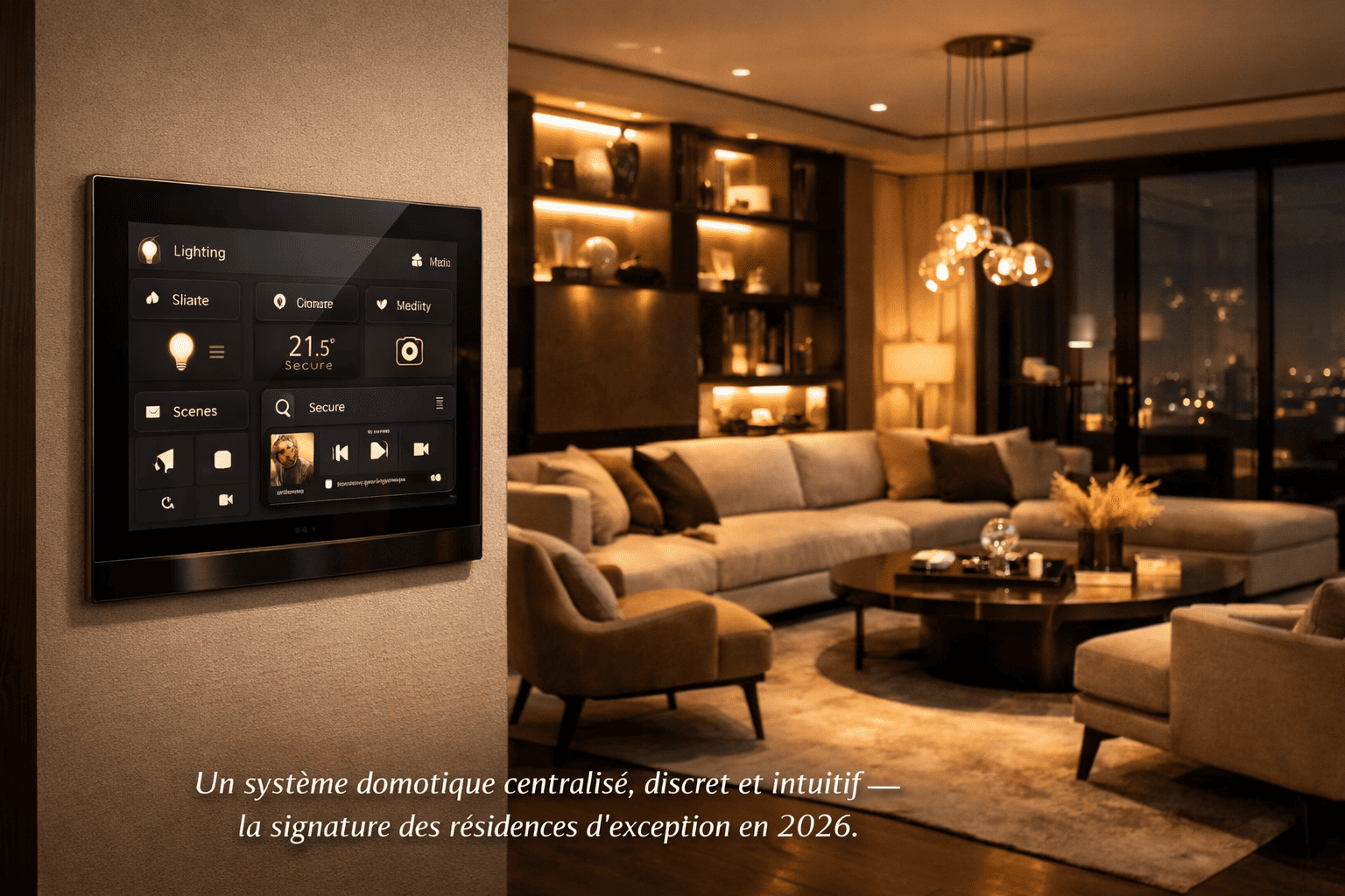 Système domotique centralisé dans un salon de luxe moderne en 2026