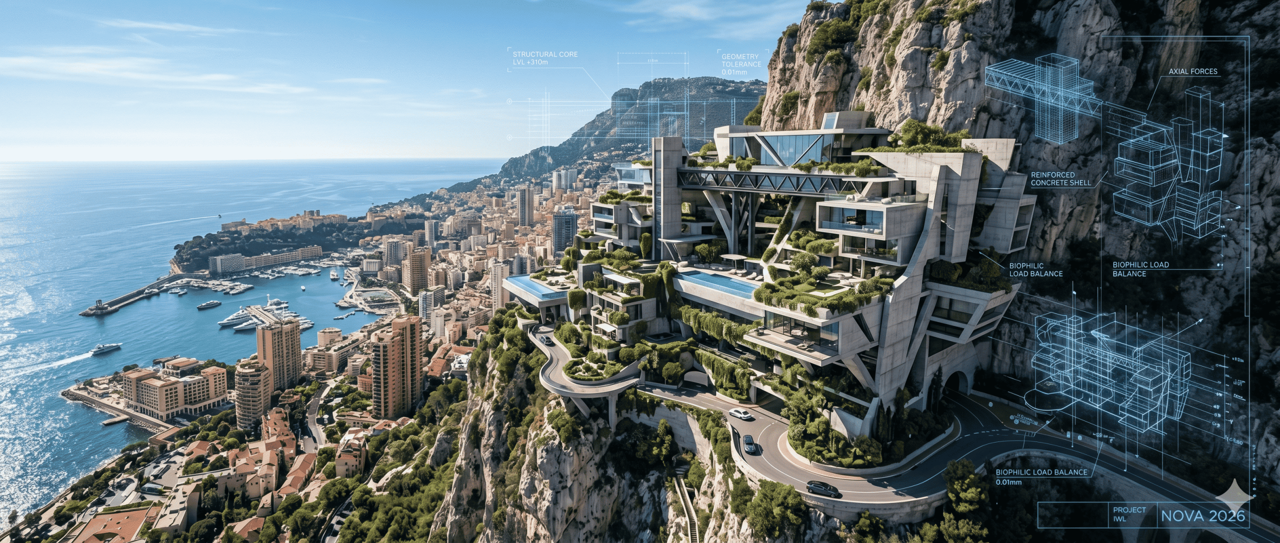 Vue aérienne panoramique d'un développement architectural de prestige combinant minimalisme brutaliste et design biophilique sur une falaise, avec superposition de plans d'ingénierie structurelle holographiques bleus.