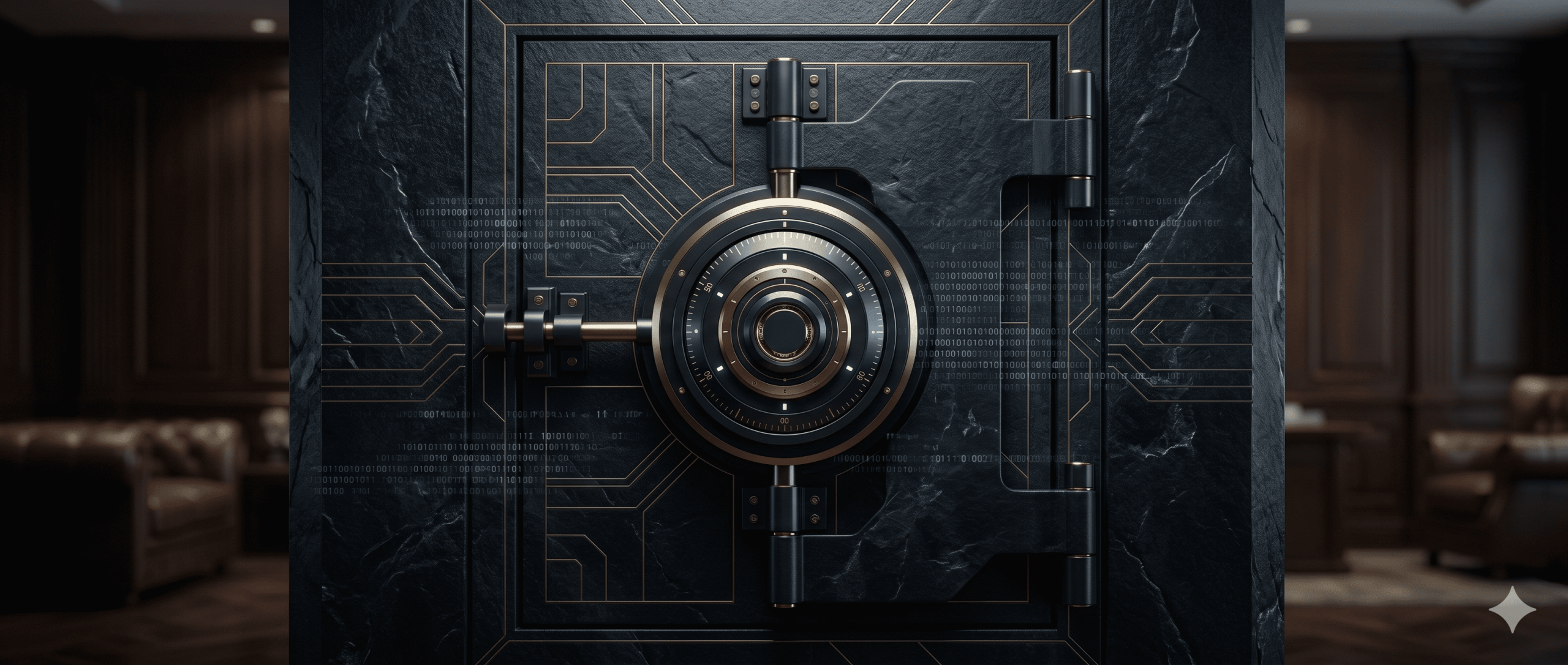Gros plan sur une porte de coffre-fort monolithique en obsidienne sombre avec incrustations géométriques en or et flux de données cryptées, illustrant la haute sécurité des informations numériques.